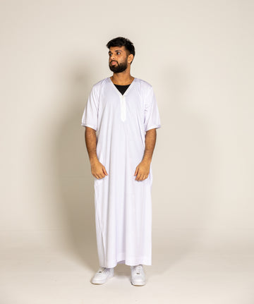 White Pinstriped Moroccan Style Half Sleeve Thobe Jubba Relaxed fit Low neck - Madyna