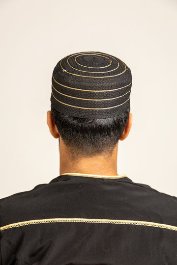 Khizar Black Topi Kufi Stiff Hat with Round Line Design - Madyna