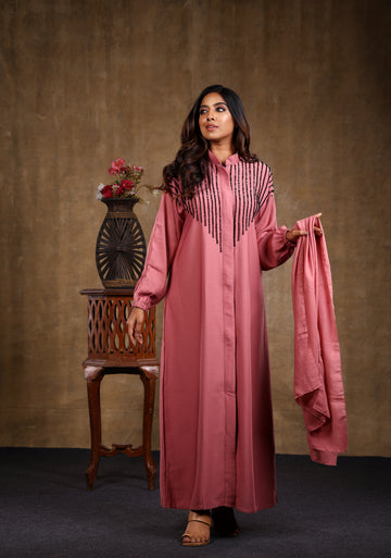 Sawdah Pink Luxury Abaya with Black Beads Beautiful Design - Madyna