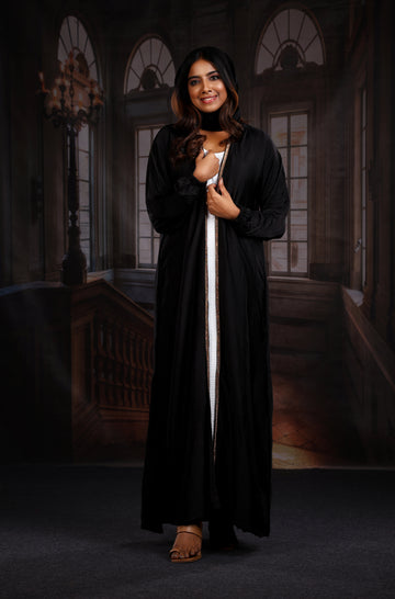Haya Black with White Inner Luxury Exclusive Abaya Elastic Sleeves - Madyna