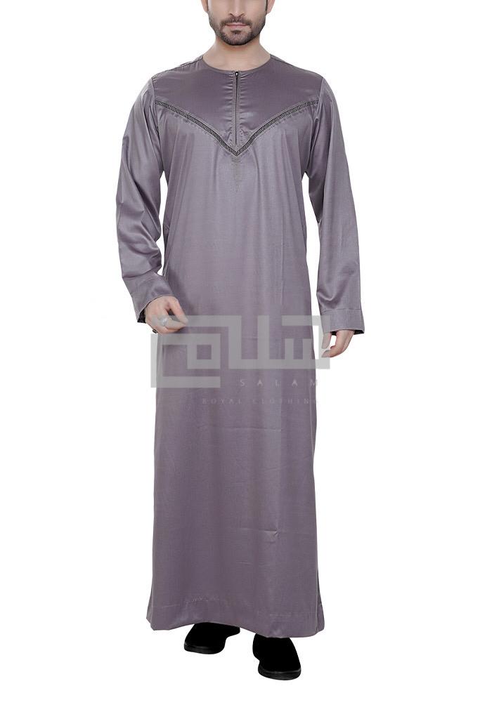 Men's Beige Shiny Omani Style with Neck Embroidery Emirati Thobe | Jubba | Kandura - Madyna