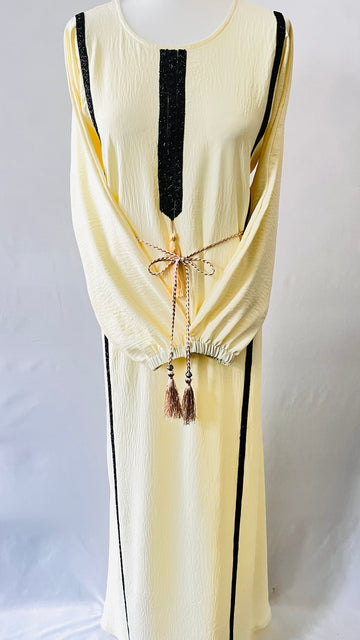 Cream Abaya Dress With Black Contrast Stone Work Elastic Sleeves - Madyna