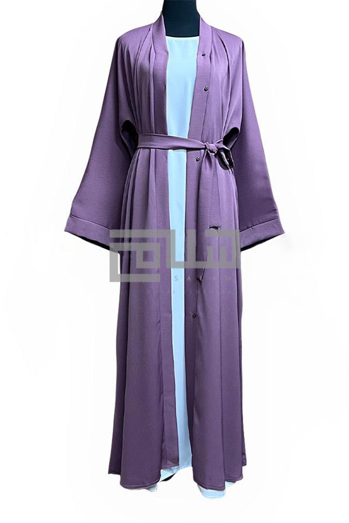 Zoom Crinkle Fabric Front open Abaya with Buttons and Belt - Madyna